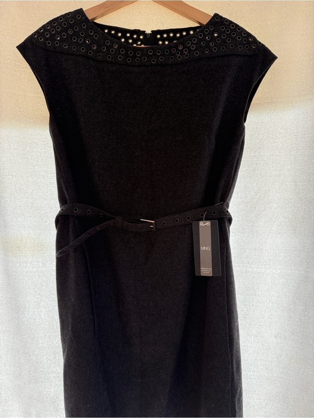 Mango Gray Eyelet-Detail Belted Sheath Dress